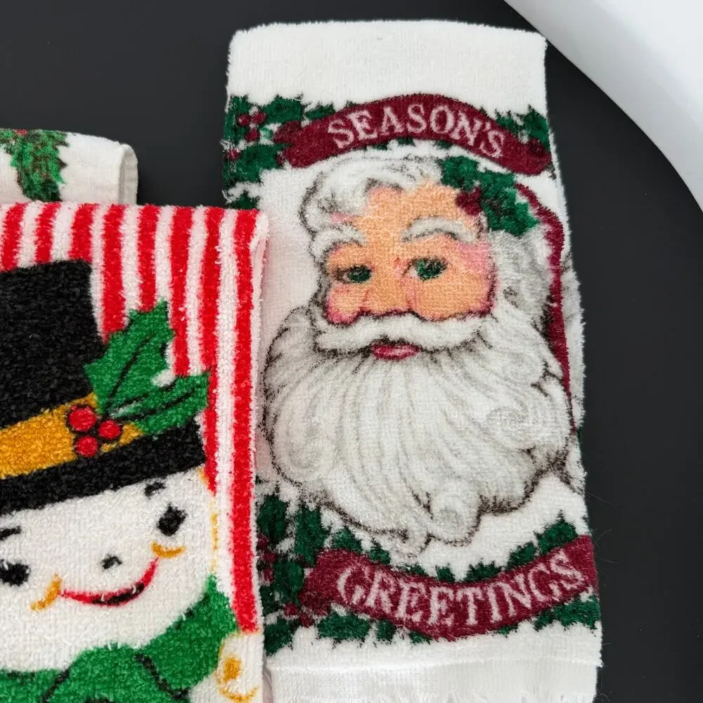 VTG MCM Christmas Kitchen Towel Set 4 Fringe Joy Terry Cloth Santa Poinsettia